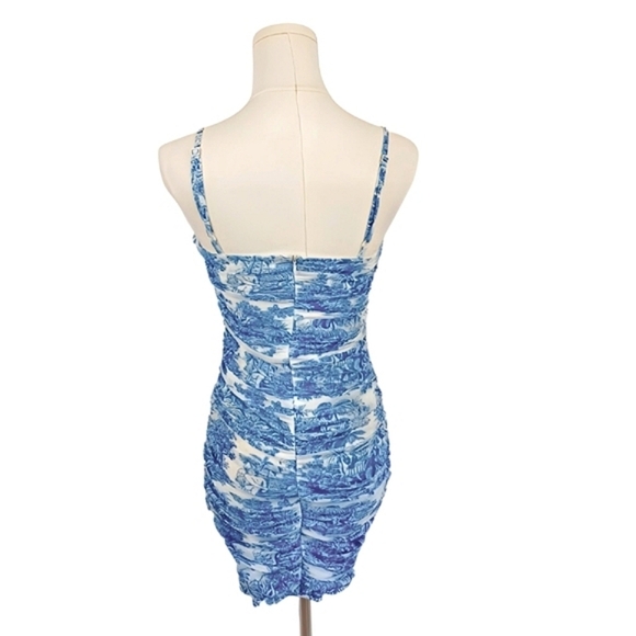 SHEIN Blue and White Toile Ruched Bodycon Mini Dress XS - Picture 3 of 6